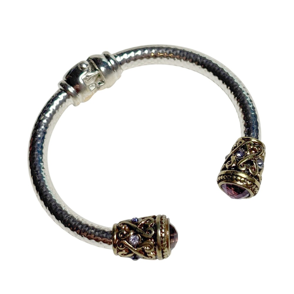 Silver Gold‎ Tone Hammered Hinged Cuff Bangle Purple Crystal Filigree Ends